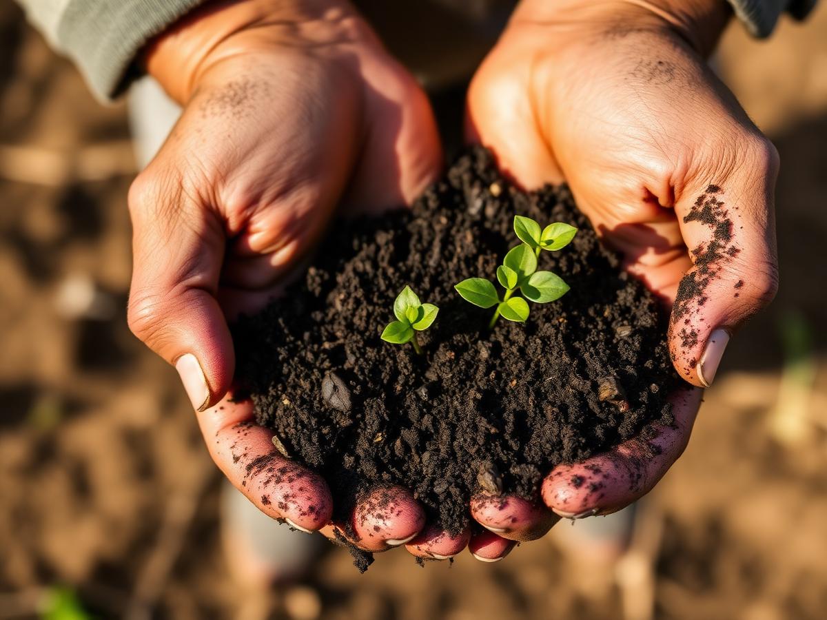 Hands holding dark, rich soil with a young seedling